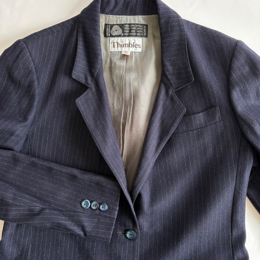Vintage Thimbles Women's 12 100% Wool Navy Pinstripe‎ Blazer 2 Button Lined